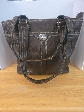 Coach Dark Brown Pebbled Leather Tote with Contrast Stitching